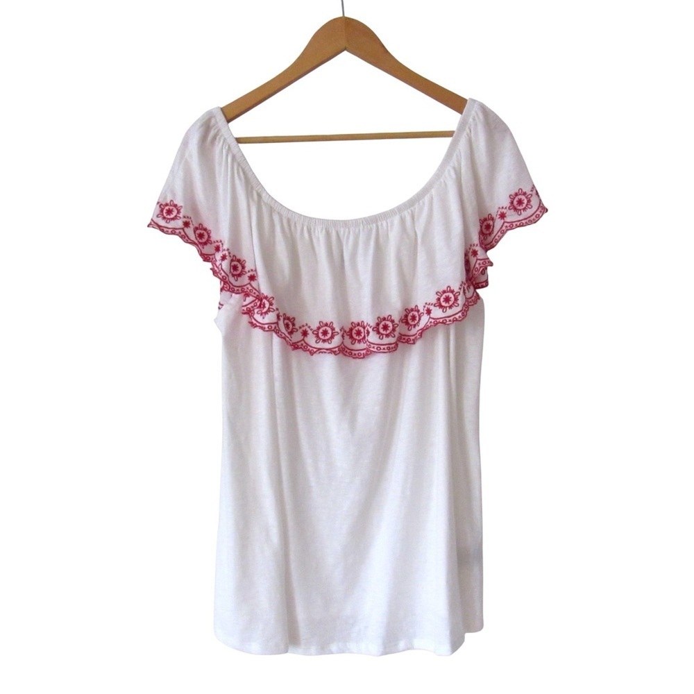 Lane Bryant Swing Off The Shoulder Embroidered Top 14/16 White Red Ruffle Boho